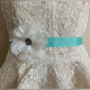 Aqua and off white floral bridal sash wedding belt with grosgrain ribbon